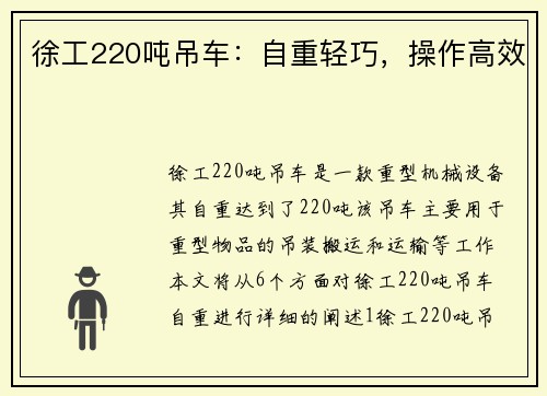 徐工220吨吊车：自重轻巧，操作高效