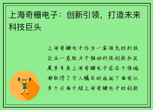 上海奇栅电子：创新引领，打造未来科技巨头