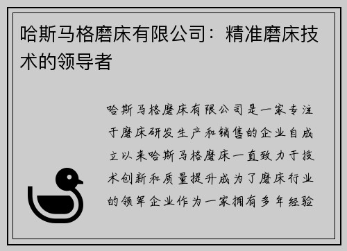 哈斯马格磨床有限公司：精准磨床技术的领导者